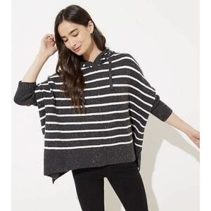LOFT Charcoal Gray White Striped Soft Knit‎ Hooded Poncho Sweater Womens Size L